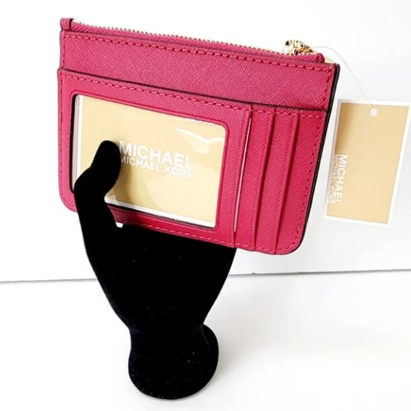 Michael Kors JACEE Carmine Pink LEATHER Backpack & Card Case BUNDLE NWT! - Picture 10 of 15